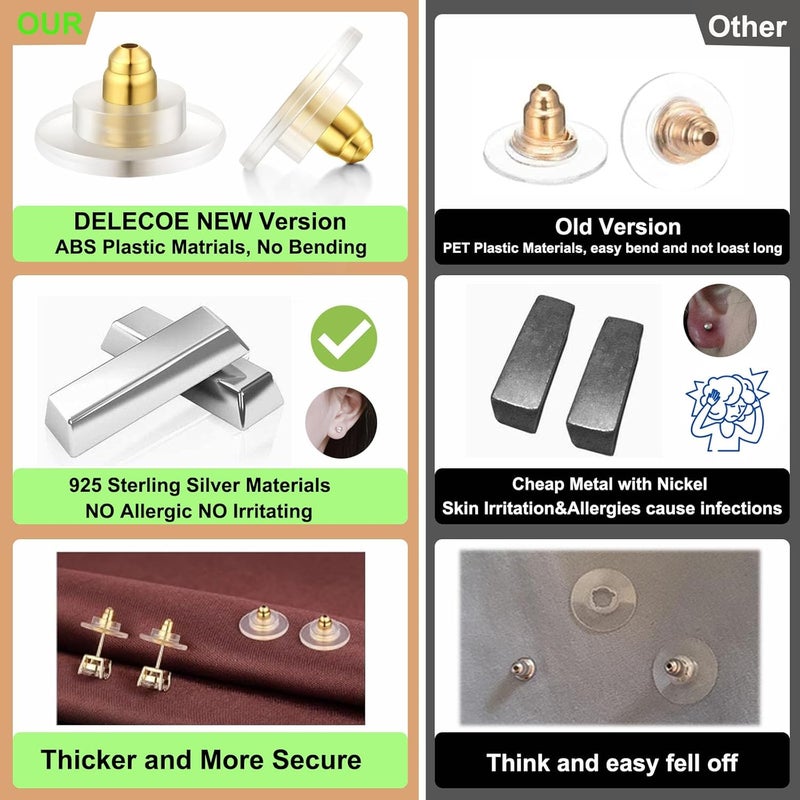 DELECOE 925 Silver Earring Backs,18K Gold Plated Locking Secure Earring Backs for Studs/Droopy/Heavy Earrings,No-Irritate Hypoallergenice Backing 6pcs(Gold) - Image 4